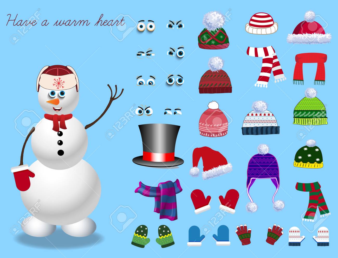 作成かわいい漫画雪だるまのキャラクターのために設定します 雪だるまを作成するためのクリスマスと新年セット 目 感情 帽子 スカーフ ミトン雪だるま のためのかわいい冬の服 ベクトルイラスト テンプレートのイラスト素材 ベクタ Image