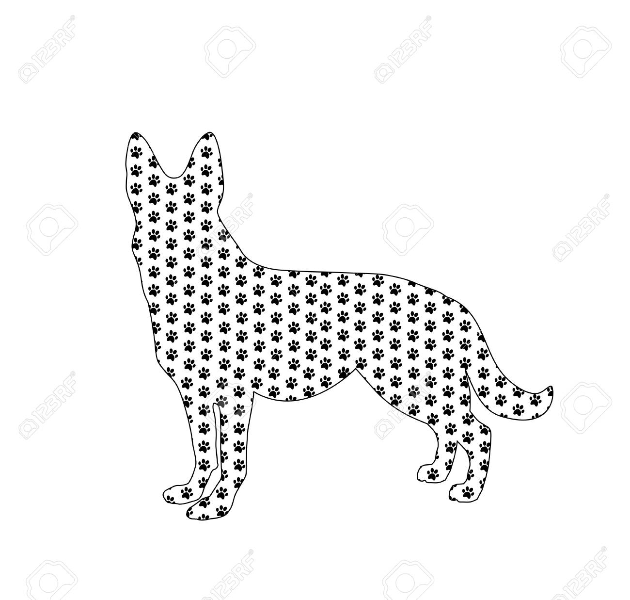 黒い犬の足で満たされたドイツの羊飼いのシルエットは 白い背景に隔離された内部からパターンをプリントします ベクトルイラスト 記号 記号 クリップアート のイラスト素材 ベクタ Image