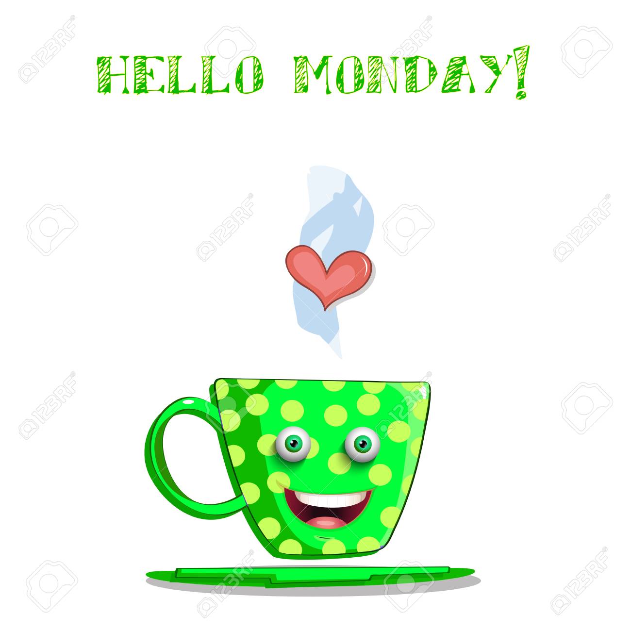 黄色の水玉模様 目と唇とテキストこんにちは月曜日に白い背景に隔離されたかわいい漫画の緑の笑顔カップ ベクトルイラスト クリップアート のイラスト素材 ベクタ Image