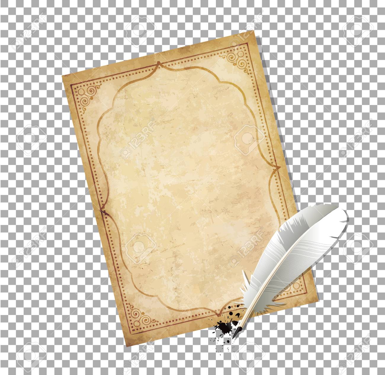 Stift Der Weissen Feder Mit Tinte Splatter Und Alter Papyrus Mit Dem Eleganten Gelockten Ornamentrahmen Lokalisiert Auf Transparentem Hintergrund Vektorabbildung Rand Klippkunst Schablone Altmodischer Brief Lizenzfrei Nutzbare Vektorgrafiken Clip