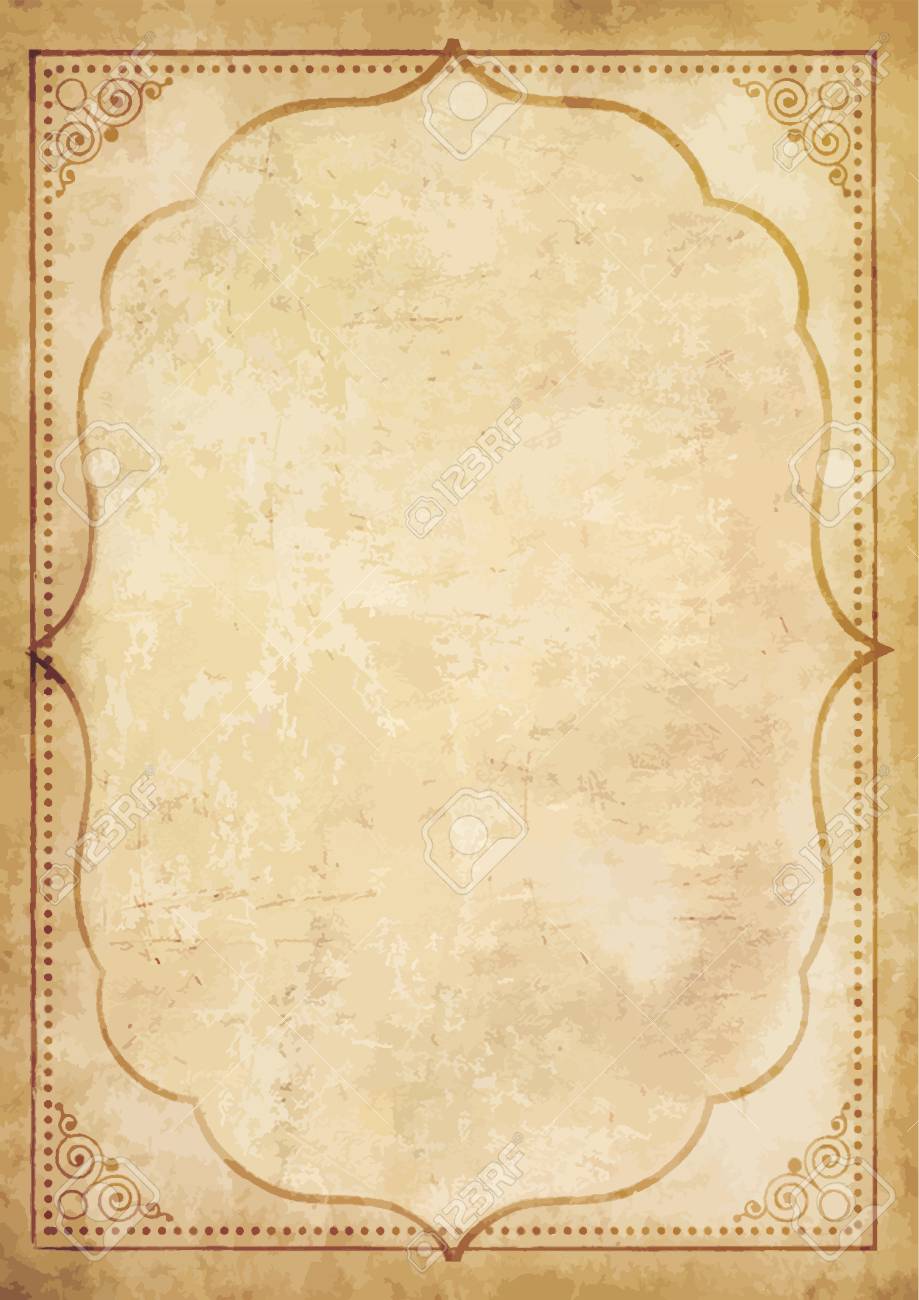 Old Grungy Vintage Paper Blank With Curly Oriental Frame Ornament. Worn  Papyrus Template For Mail, Aged Letter Paper With Space For Text Or Image.  Highly Detailed Vector Illustration, Border. Royalty Free SVG,