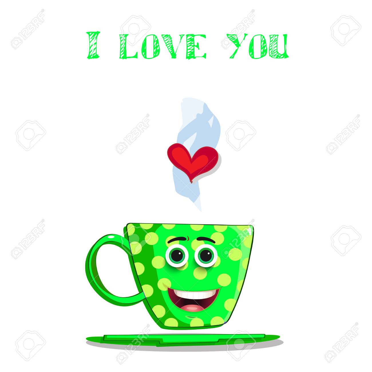 私は漫画の笑顔 黄色の水玉と心とかわいい緑のコーヒーマグのキャラクターとグリーティングカードが大好きです ベクターイラスト バレンタインデーのための愛のクリップアート 結婚式 デートデザイン のイラスト素材 ベクタ Image