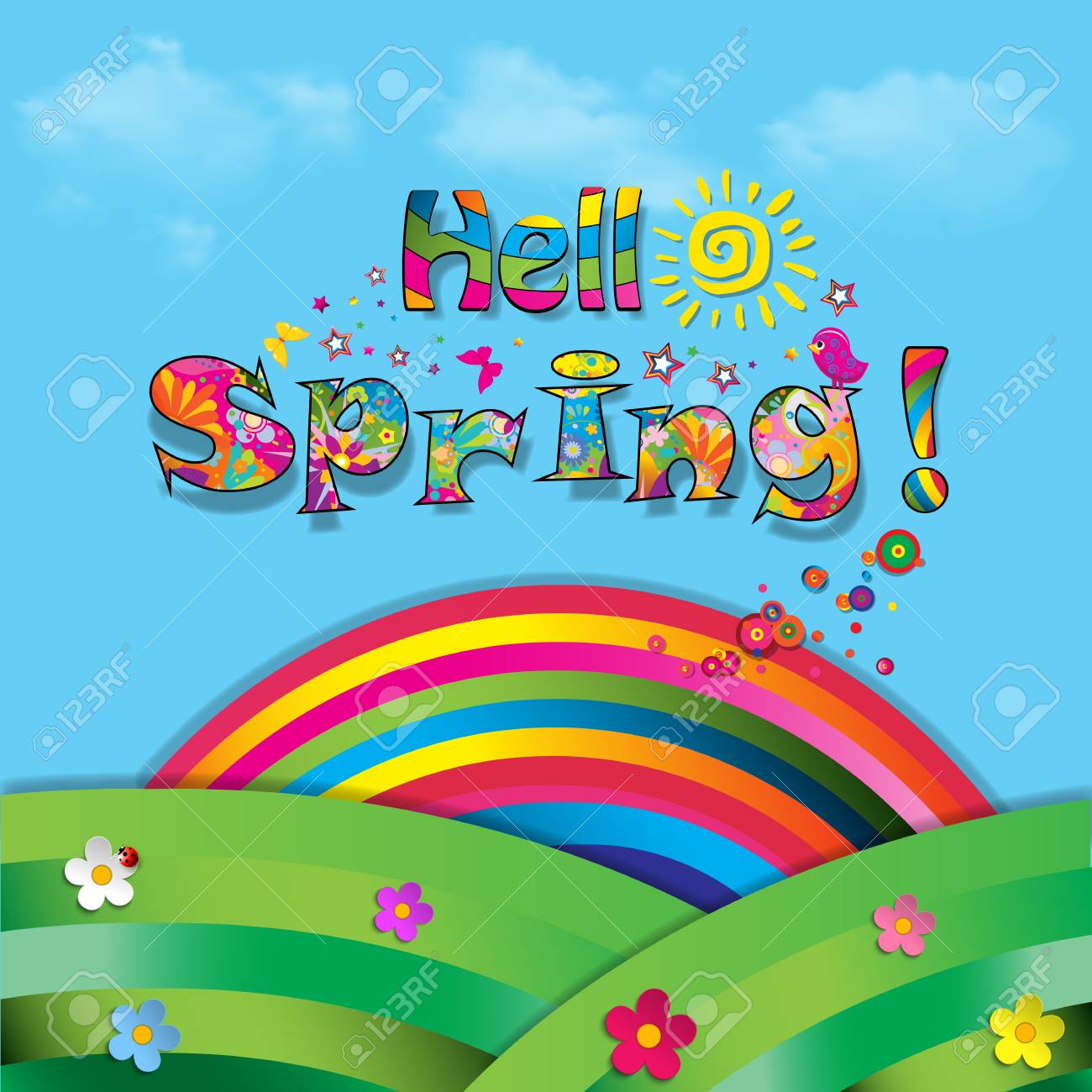 Hola Ilustracion De Papel Colorido De Dibujos Animados De Vector De Primavera De Hermoso Paisaje Con Sol Flores Pajaros Y Arco Iris En Campo Verde Con Fondo De Hierba Y Azul Cielo