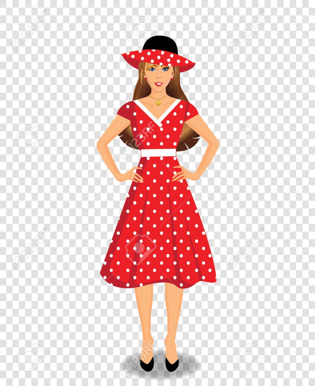 Personnage De Dessin Anime De Vecteur Belle Jeune Femme Portant Une Robe Rouge Et Un Chapeau A Pois Blancs Imprimer Isole Sur Fond Transparent Clip Art Libres De Droits Vecteurs Et