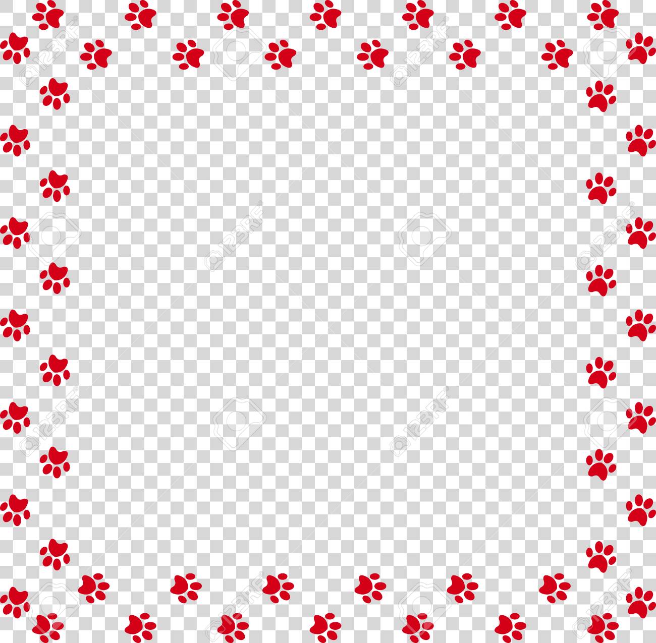 square frame made of red animal paw prints on transparent background