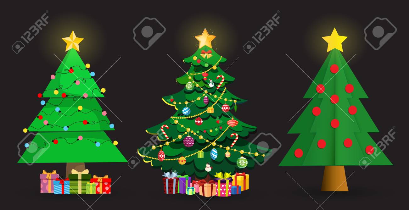 Set of cute cartoon Christmas fir trees. Star decorations, balls, garlands and lots of gift boxes Isolated on black background. Vector illustration, spruce clip art, elements for greeting card design - 117006874 Set of cute cartoon Christmas fir trees. Star decorations, balls, garlands and lots of gift boxes Isolated on black background. Vector illustration, spruce clip art, elements for greeting card design - 117006874