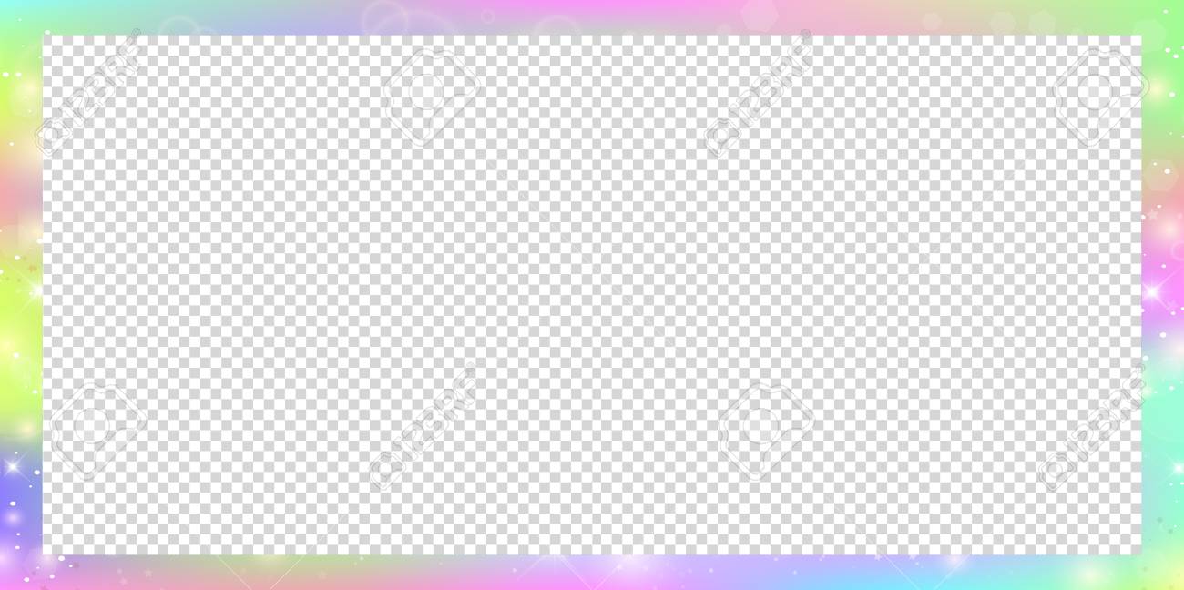 Holographic Magic Rectangle Frame With Fairy Sparkles, Stars And Blurs.  Magical Border With Rainbow Mesh And Space For Text. Cute Universe Banner  In Princess Unicorn Colors. Fantasy Gradient Billboard Royalty Free SVG,, image size:1300x648