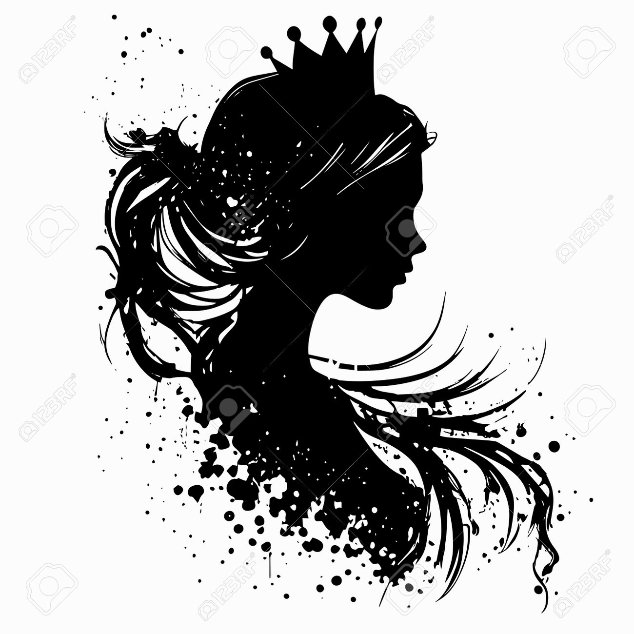 Silhouette Of Queen Face Or Head Side View, Young Woman Bride Or Lady Wear  Tiara Or Crown Black Vintage Portrait. Elegant Female Character With  Hairdo, Royal Person Black Shadow, Decal, Icon, Clipart, image size:1300x1300