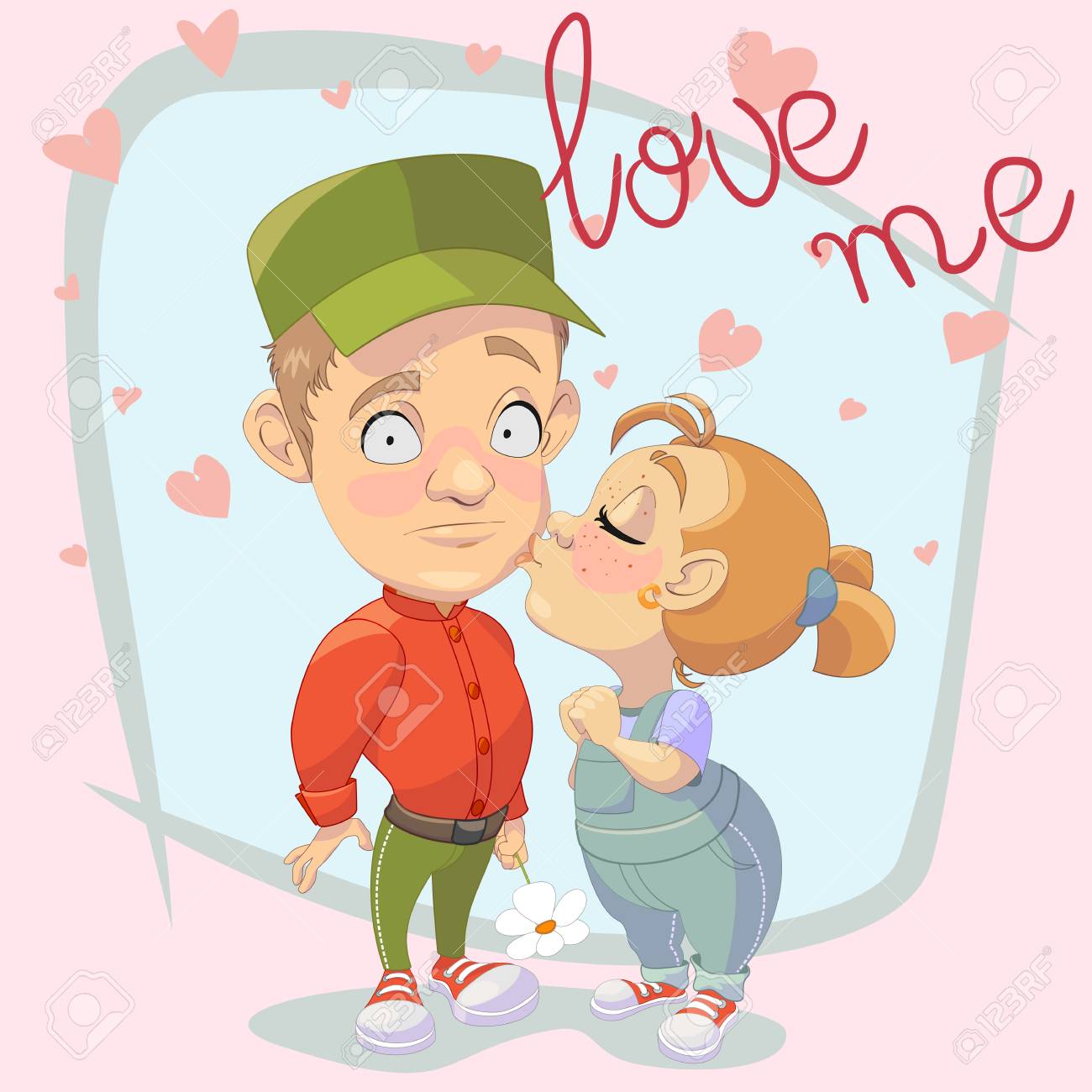 かわいい女の子が心の周りに 花を抱いている不思議な少年にキス 日またはバレンタインデーにキスするための甘いカード のイラスト素材 ベクタ Image