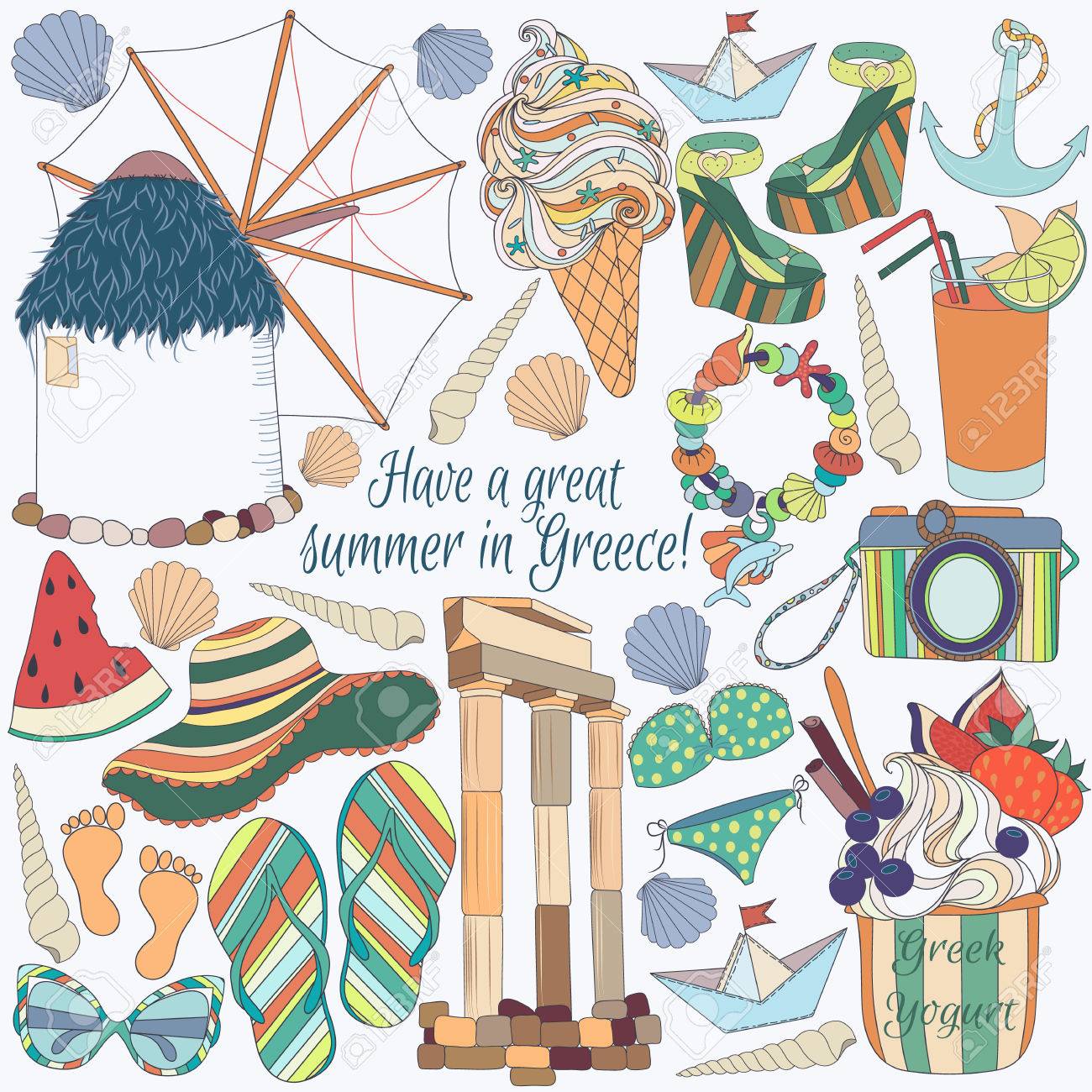 ギリシャにギリシャの Pattern Summer の休暇に旅行します 日当たりの良いギリシャ 別の旅行 ロマンチックなもの 夏 休暇 フルーツ 夏のもの 衣類一式旅行のシンボルをセットします のイラスト素材 ベクタ Image ギリシャにギリシャの Pattern Summer の休暇に旅行します 日当たりの良いギリシャ 別の旅行 ロマンチックなもの 夏 休暇 フルーツ 夏のもの 衣類一式旅行のシンボルをセットします のイラスト素材 ベクタ Image