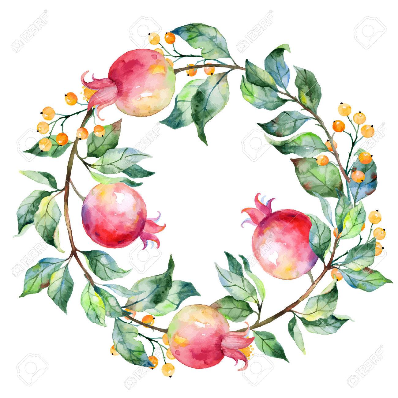 vector round frame of watercolor pomegranate and berries watercolor