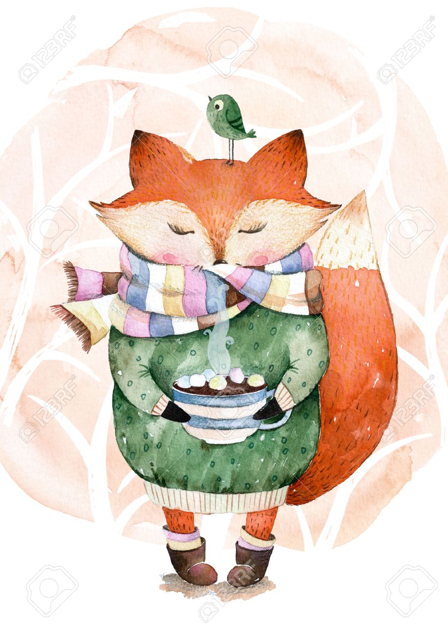 cute little fox just like to drink hot coffee watercolor watercolor illustration