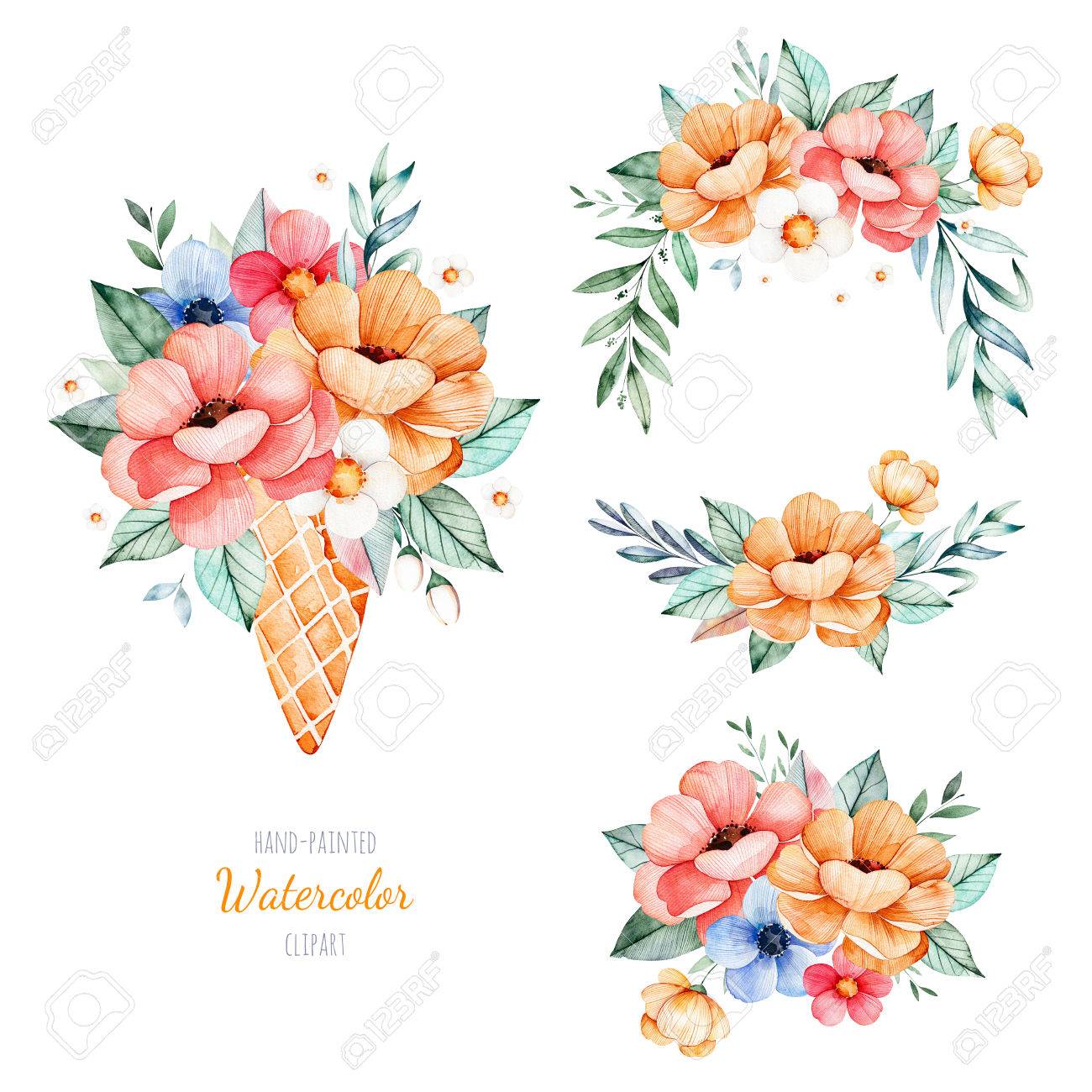 牡丹 花 美しい花コレクション葉 ワッフル コーン 分岐 およびあなたの設計のための More 4 素敵な花束に花があります 結婚式 招待状 ブログ テンプレート カード 誕生日 赤ちゃんのカードに最適 の写真素材 画像素材 Image