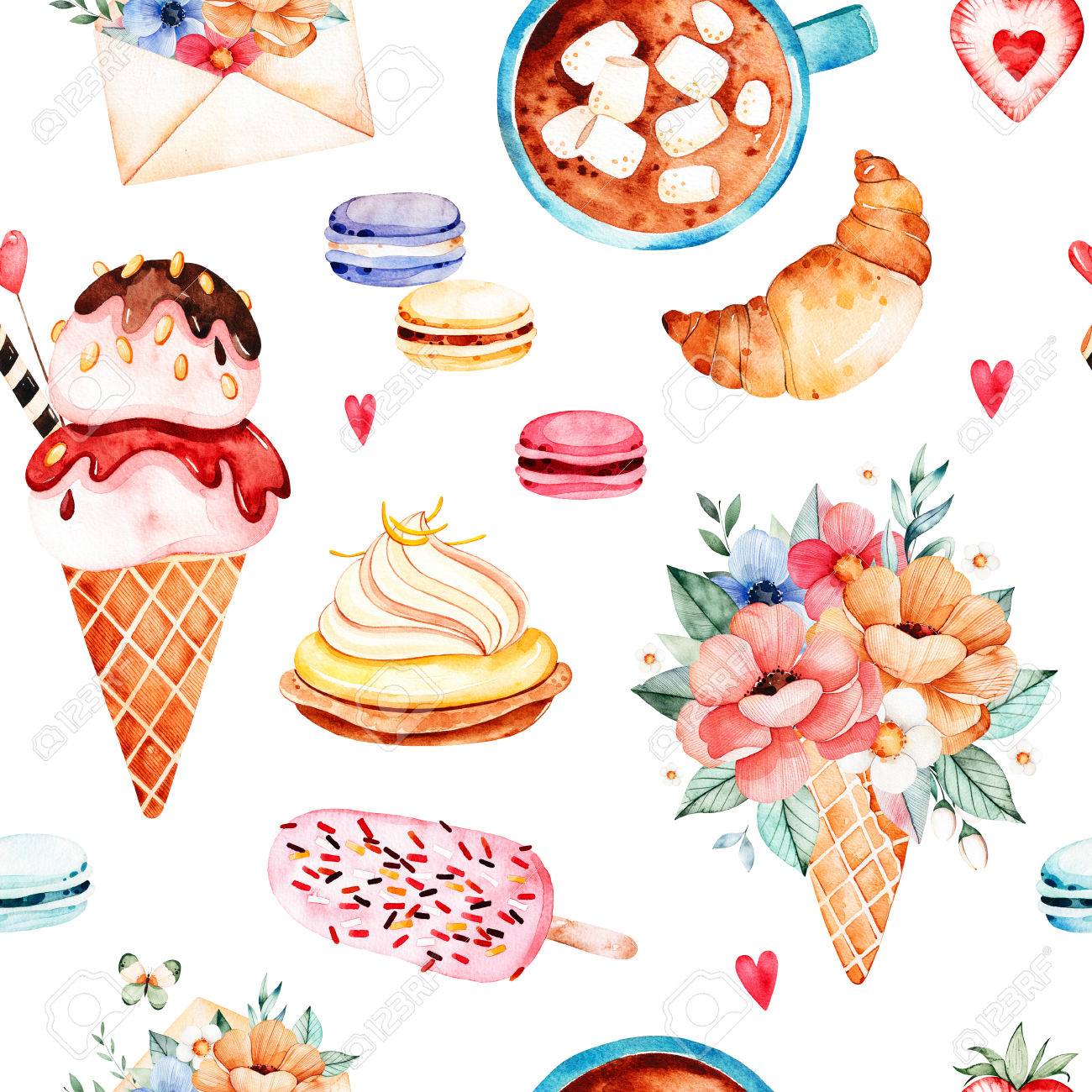 Download Watercolor Sweets Background With Ice Cream Cupcake Croissant Stock Photo Picture And Royalty Free Image Image 83924359