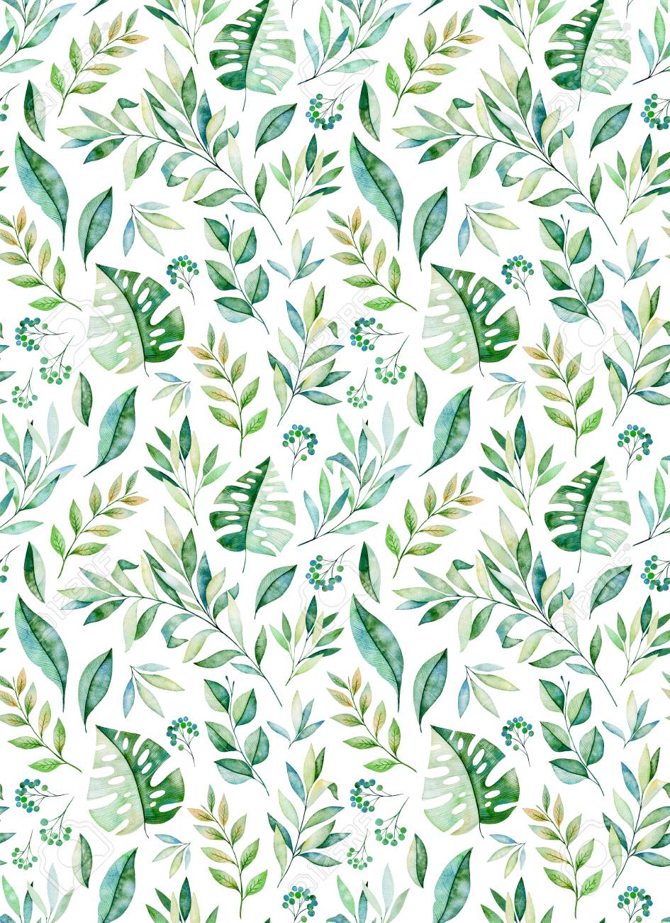 Watercolor Leaves Branch Seamless Pattern On White Background