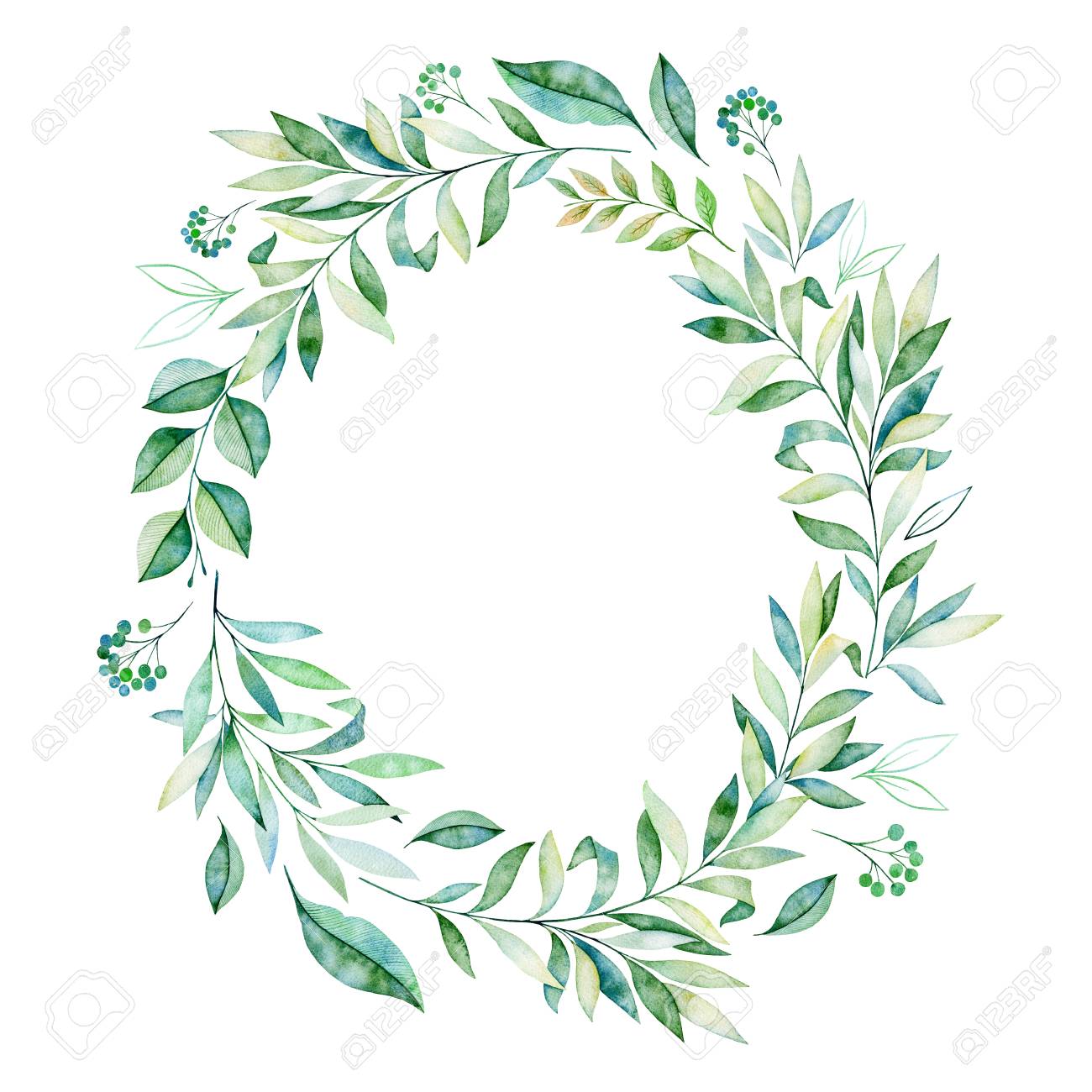 watercolor leaves branch wreath wteath with greens branch stock