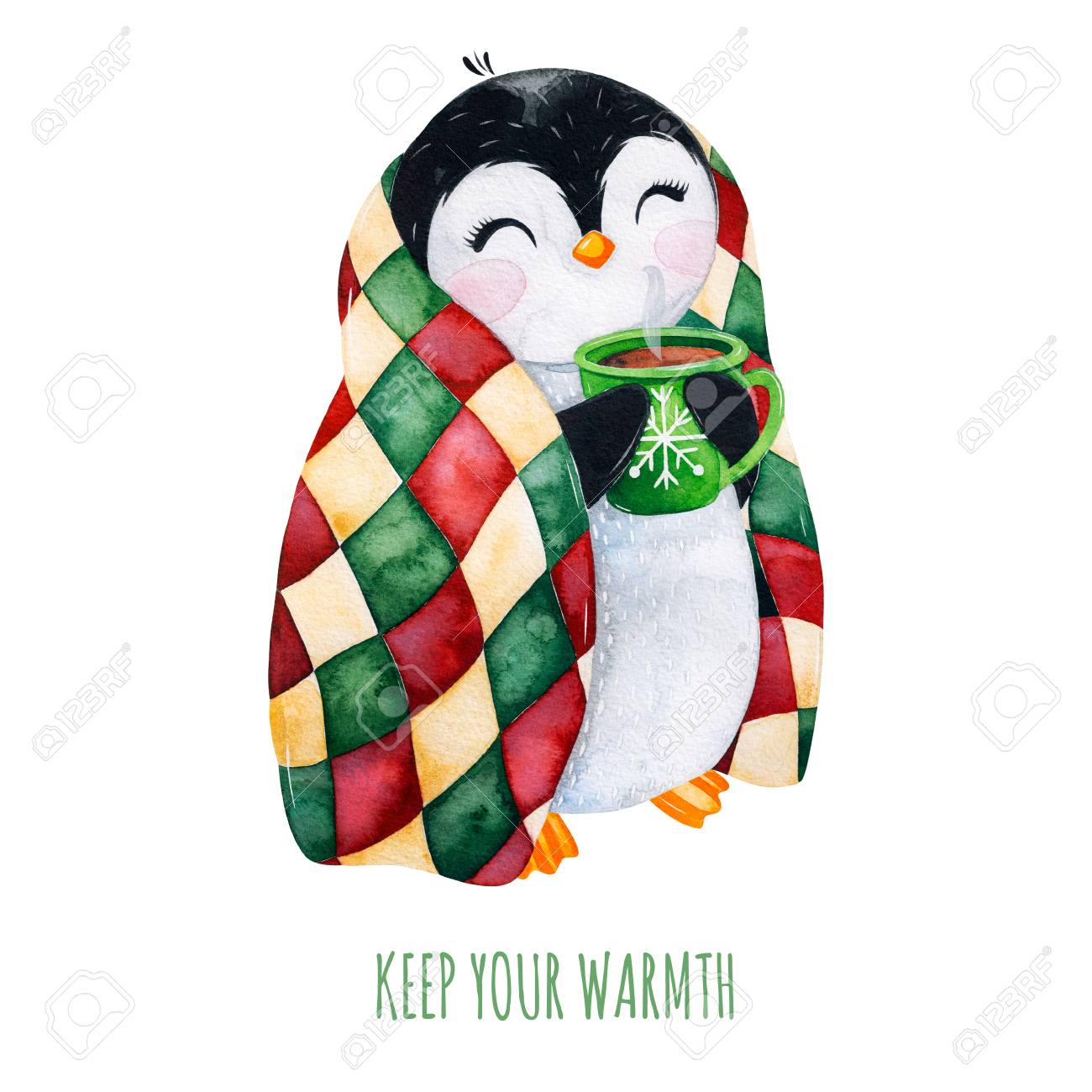 Cute watercolor penguin with a cup of hot drink in winter knitted plaid.Hand painted holiday illustration.Perfect for your Christmas and New Year project, invitations, greeting cards, wallpapers, blog etc - 118653059 Cute watercolor penguin with a cup of hot drink in winter knitted plaid.Hand painted holiday illustration.Perfect for your Christmas and New Year project, invitations, greeting cards, wallpapers, blog etc - 118653059