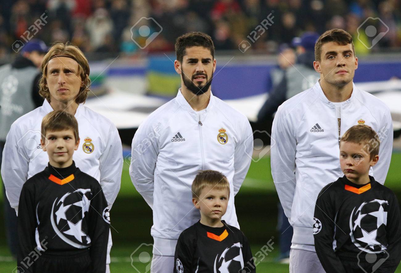 Lviv Ukraine November 25 15 Real Madrid Players Listen Official Anthem Before Uefa Champions League Game Against Fc Shakhtar Donetsk At Arena Lviv Stadium Stock Photo Picture And Royalty Free Image Image