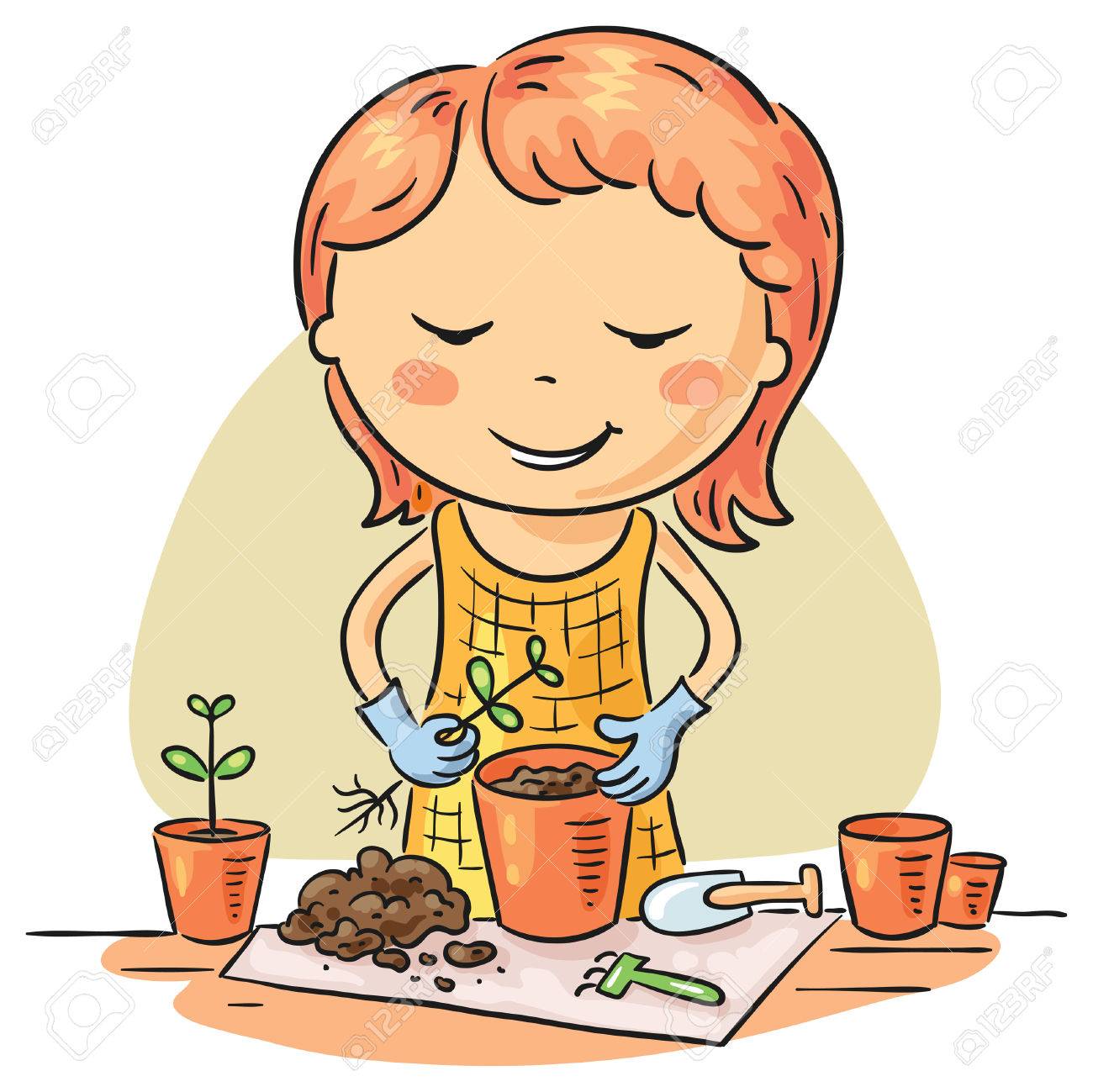 女の子は植木鉢に苗を植えます のイラスト素材 ベクタ Image