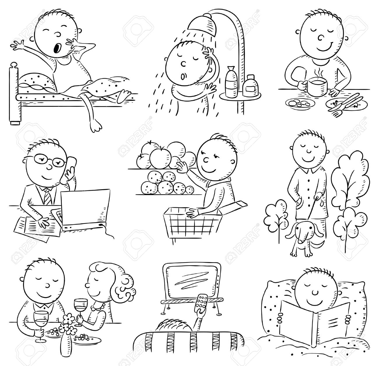 Cartoon Man Daily Activities Set, Black And White Royalty Free SVG, Cliparts, Vectors, And Stock Illustration. Image 35136913. Cartoon Man Daily Activities Set, Black And White Royalty Free SVG, Cliparts, Vectors, And Stock Illustration. Image 35136913.
