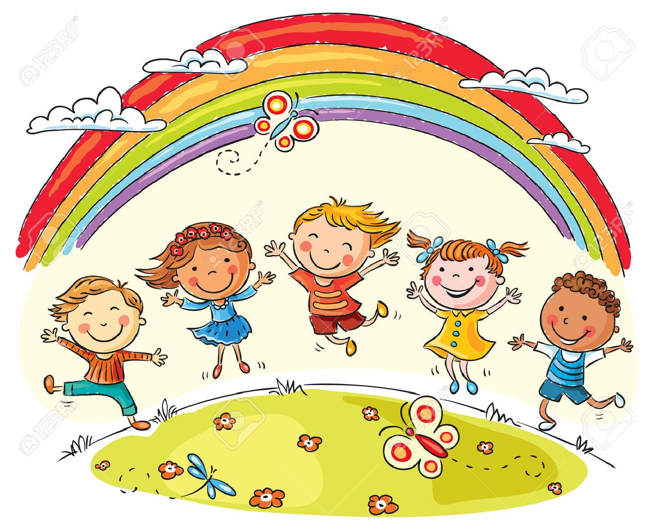 Kids Jumping With Joy On A Hill Under Rainbow, Colorful Cartoon ...