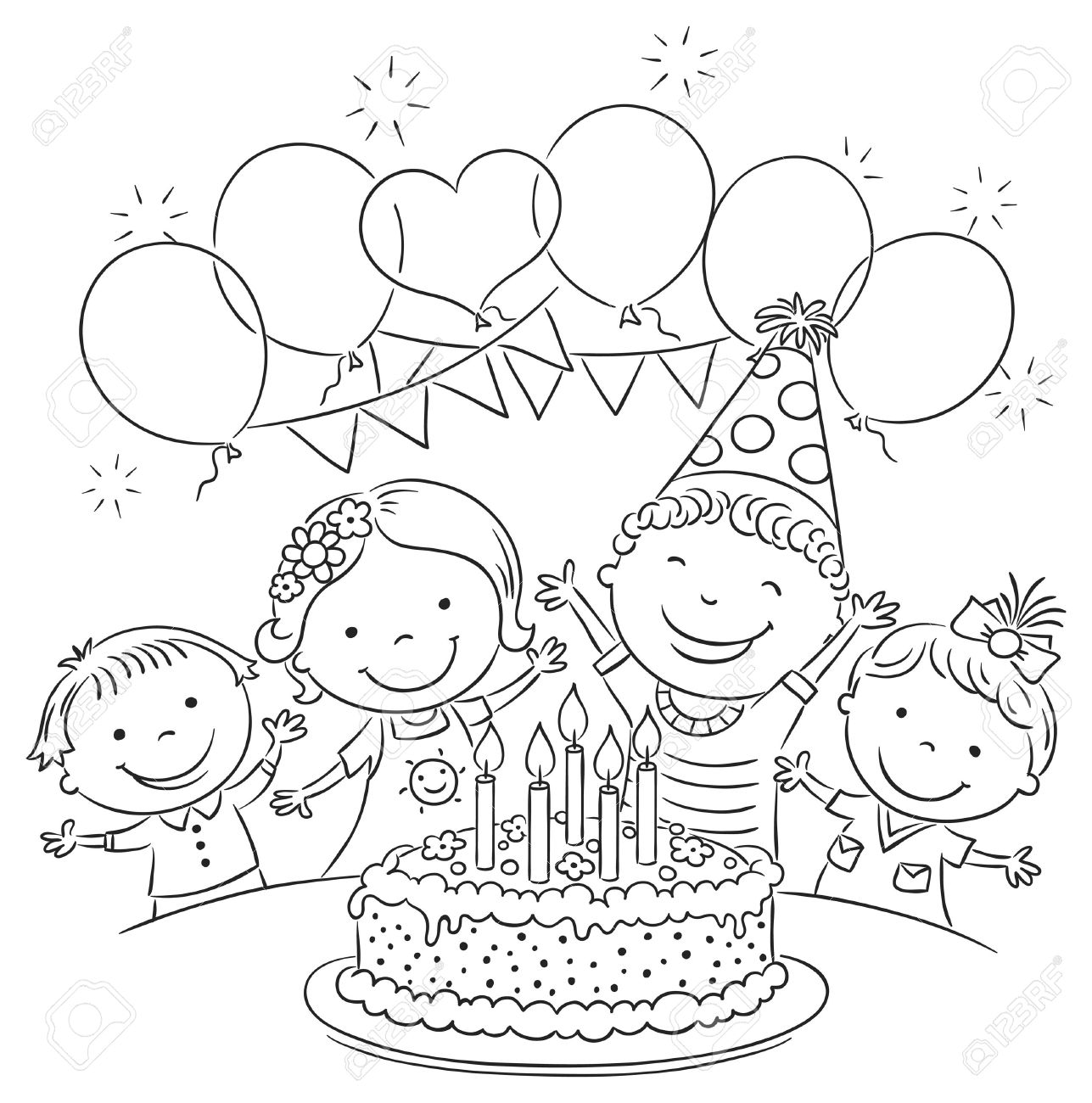 Fete D Anniversaire Des Enfants Avec Un Gros Gateau Et Ballons Colores Contour Noir Et Blanc Clip Art Libres De Droits Vecteurs Et Illustration Image