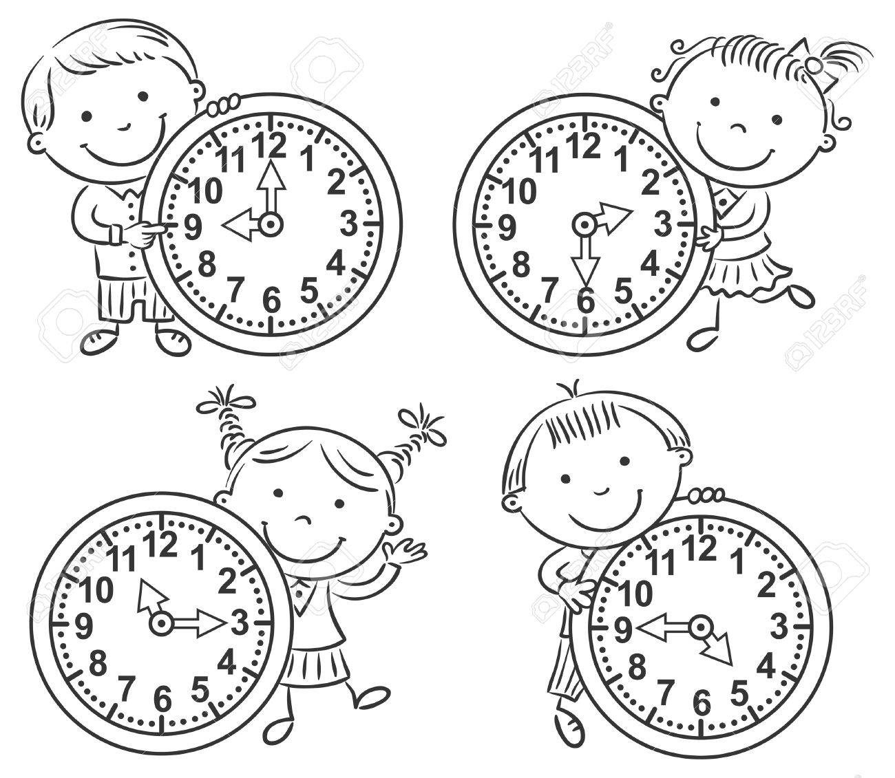 Little kids telling time set black and white outline stock vector 45964530