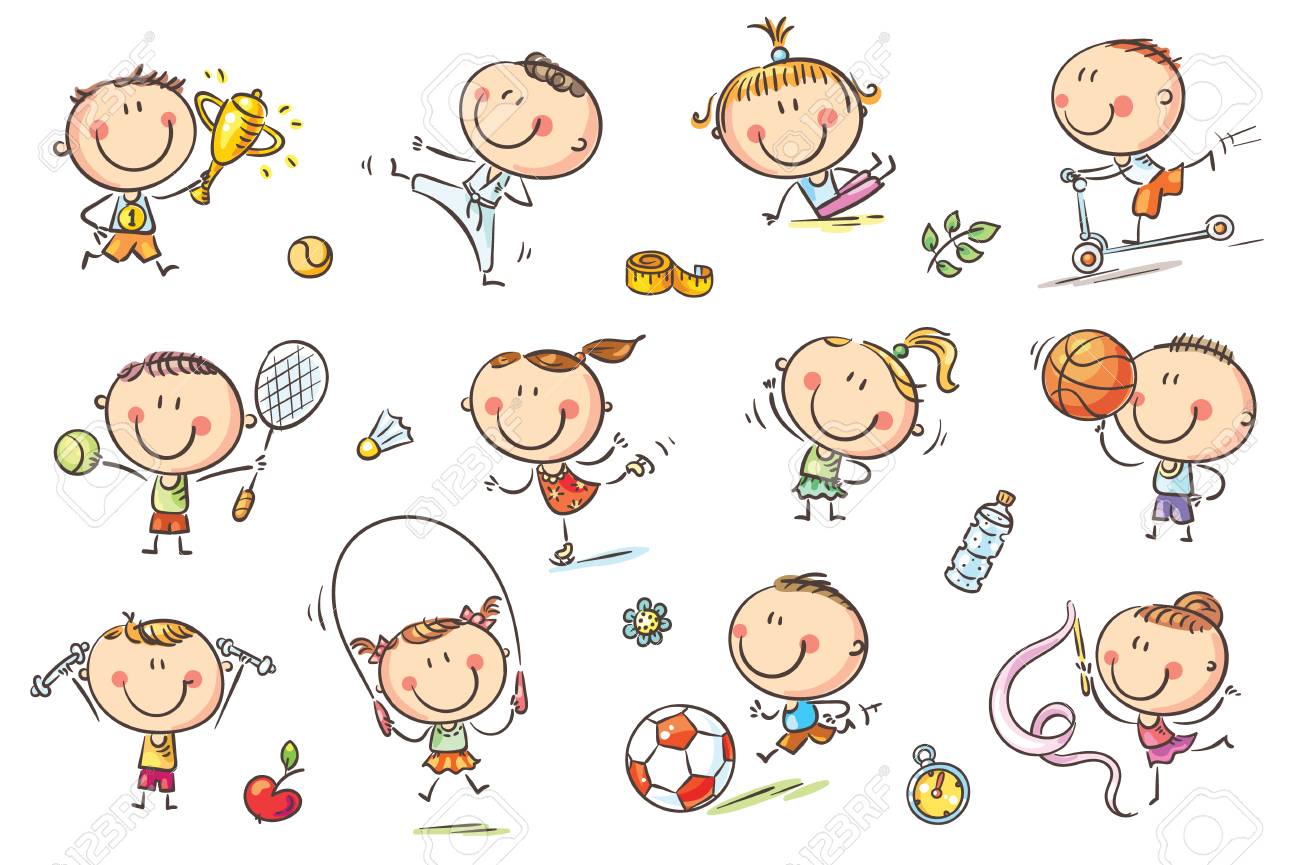 Active kids with sport things representing healthy lifestyle. No gradients used, easy to print and edit. Vector files can be scaled to any size. - 87623669 Active kids with sport things representing healthy lifestyle. No gradients used, easy to print and edit. Vector files can be scaled to any size. - 87623669