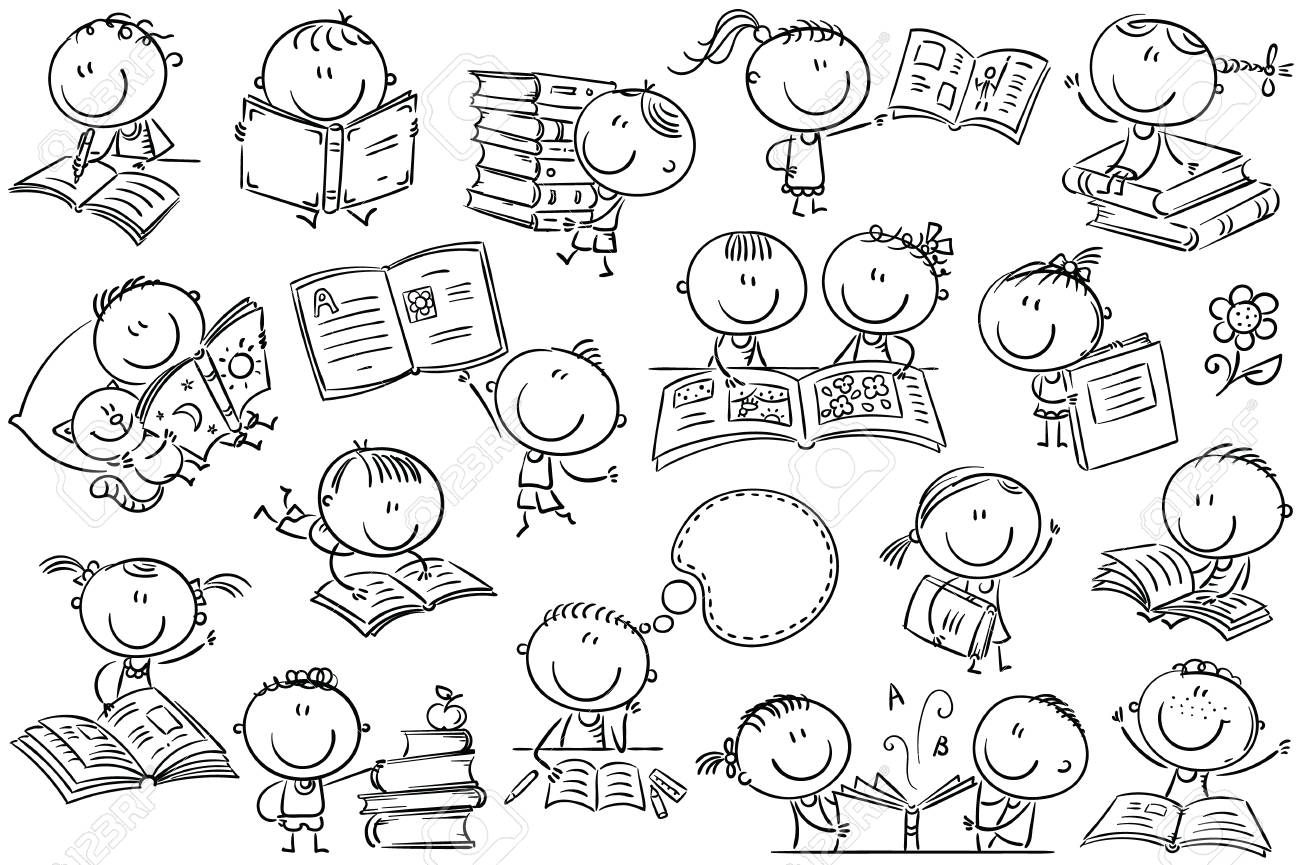 さまざまなポーズで本を面白い落書き子供 簡単に印刷 編集します ベクター ファイルを任意のサイズにスケールできます のイラスト素材 ベクタ Image