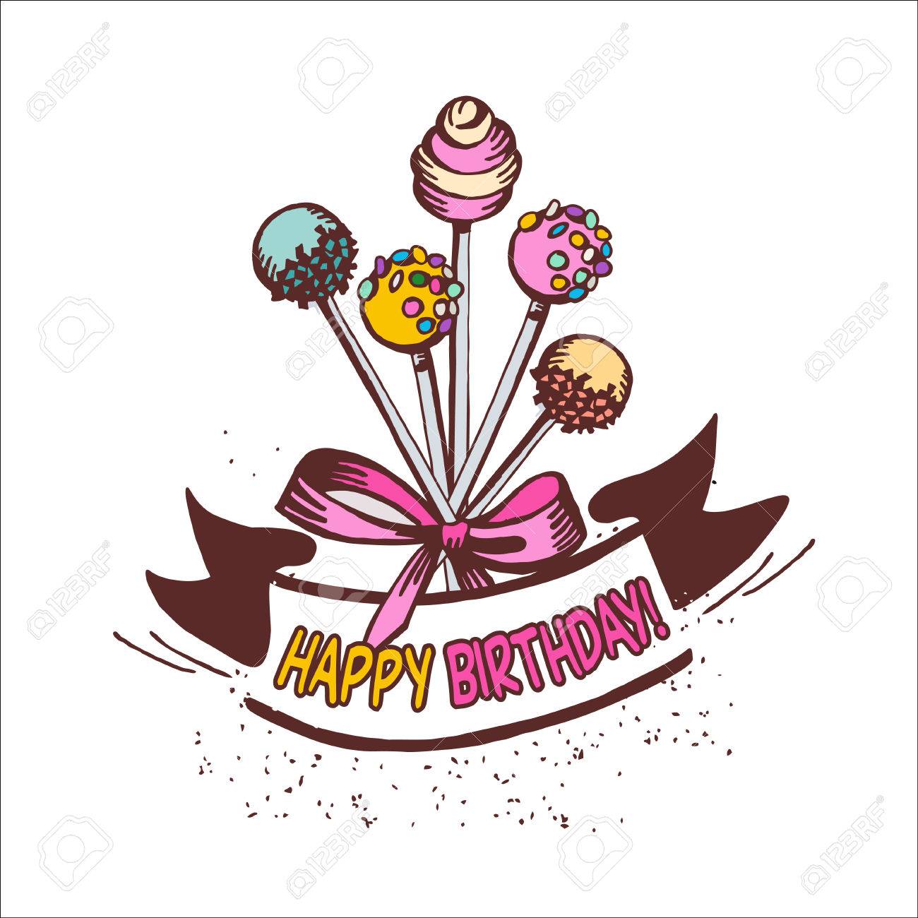 Happy Birthday Vintage Greeting Card With Cakes On A Stick Royalty Free Cliparts Vectors And Stock Illustration Image