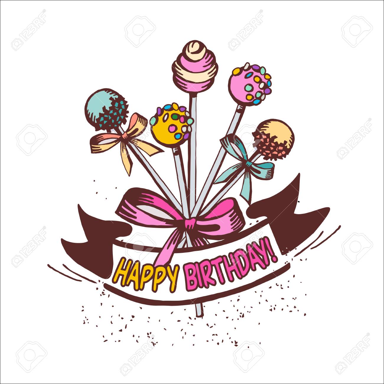Happy Birthday Vintage Greeting Card With Cakes On A Stick With A Bow The Cake Pop Royalty Free Cliparts Vectors And Stock Illustration Image