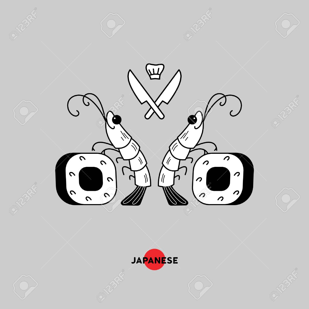 ロゴのエビのお寿司 海老とお寿司 ベクトル イラスト 記号 紋章 明るい背景上に分離 日本料理レストランのロゴ のイラスト素材 ベクタ Image