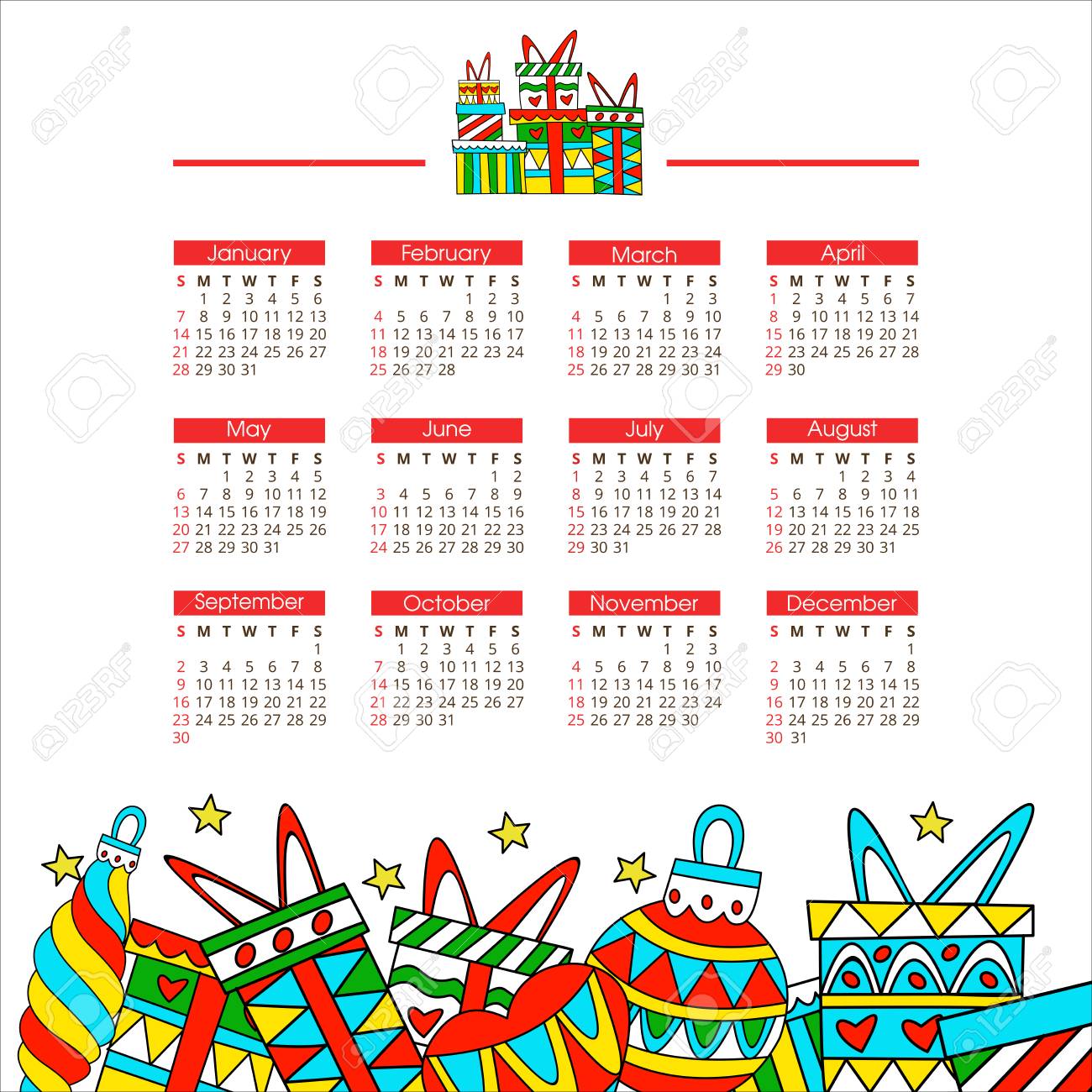 calendar for 2018 with colorful christmas decorations royalty free january calendar decorations
