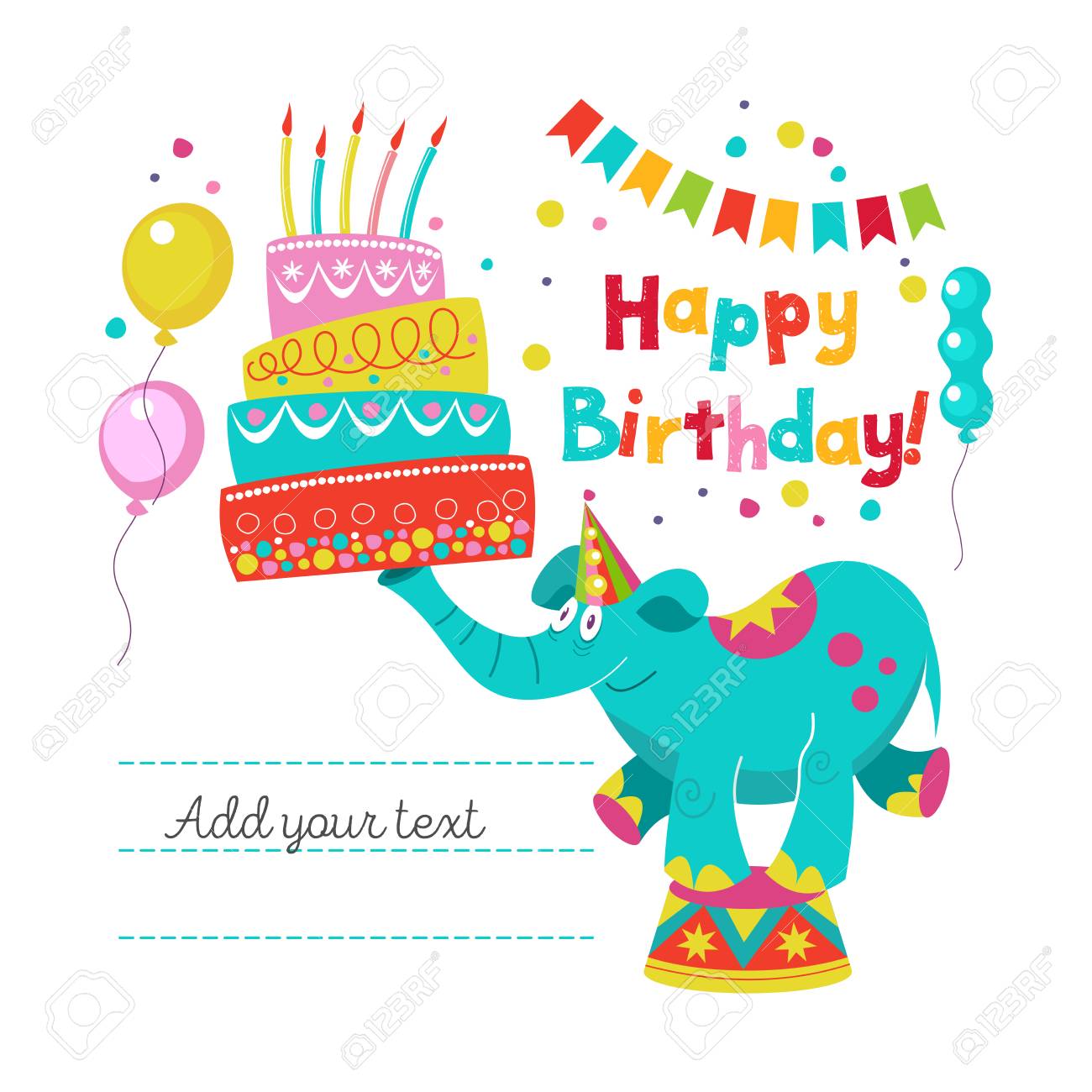 Happy Birthday Greeting Template A Set Of Holiday Vector Elements Circus Elephant Juggler Holds A Large Birthday Cake With Candles Royalty Free Cliparts Vectors And Stock Illustration Image