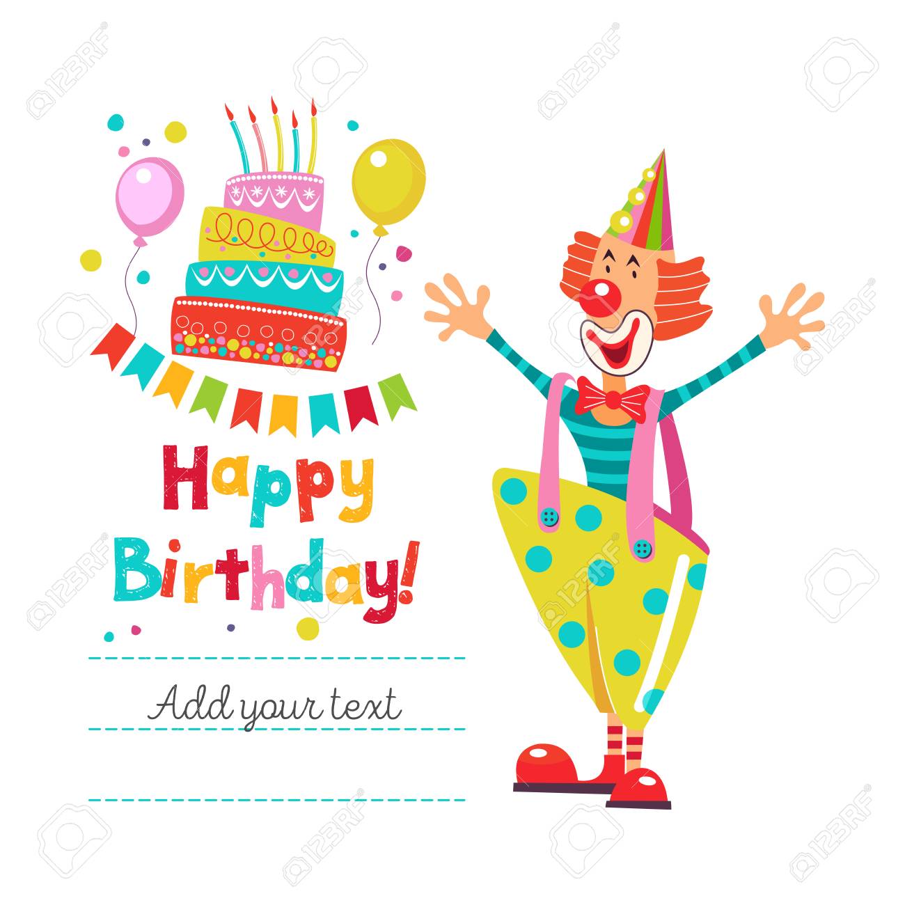 Bon Anniversaire Modele De Voeux Un Ensemble D Elements Vectoriels De Vacances Clown Hilarant Et Gateau D Anniversaire Avec Des Bougies Clip Art Libres De Droits Vecteurs Et Illustration Image