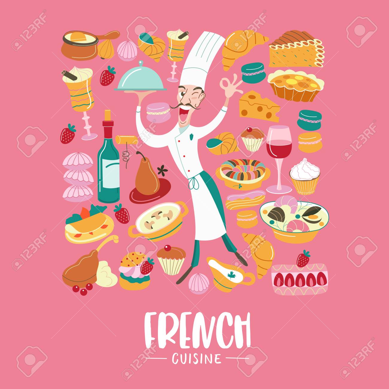 La Cuisine Française Ensemble De Cliparts. Cuisine Française Traditionnelle, Pâtisseries, Vin, Pain. Au Centre De La Composition Le Chef Avec Le Plat. Le Chef Montre Un Geste Signifiant Délicieux. Illustration Vectorielle Les La Cuisine Française Ensemble De Cliparts. Cuisine Française Traditionnelle, Pâtisseries, Vin, Pain. Au Centre De La Composition Le Chef Avec Le Plat. Le Chef Montre Un Geste Signifiant Délicieux. Illustration Vectorielle Les