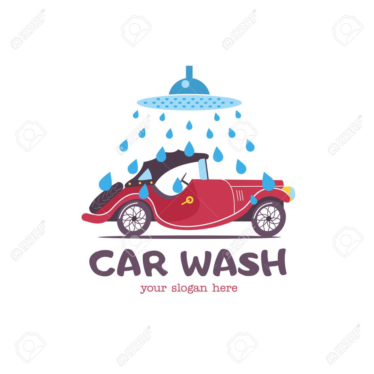 洗車エンブレム 漫画スタイルのベクトルイラスト 洗濯物の水滴で小さな乗客のレトロな車 のイラスト素材 ベクタ Image