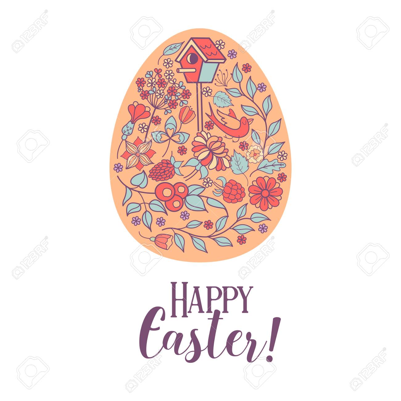 幸せなイースター 花柄のイースターエッグ 花 ハーブ 鳥小屋 鳥 春休みのイースターベクターイラスト のイラスト素材 ベクタ Image