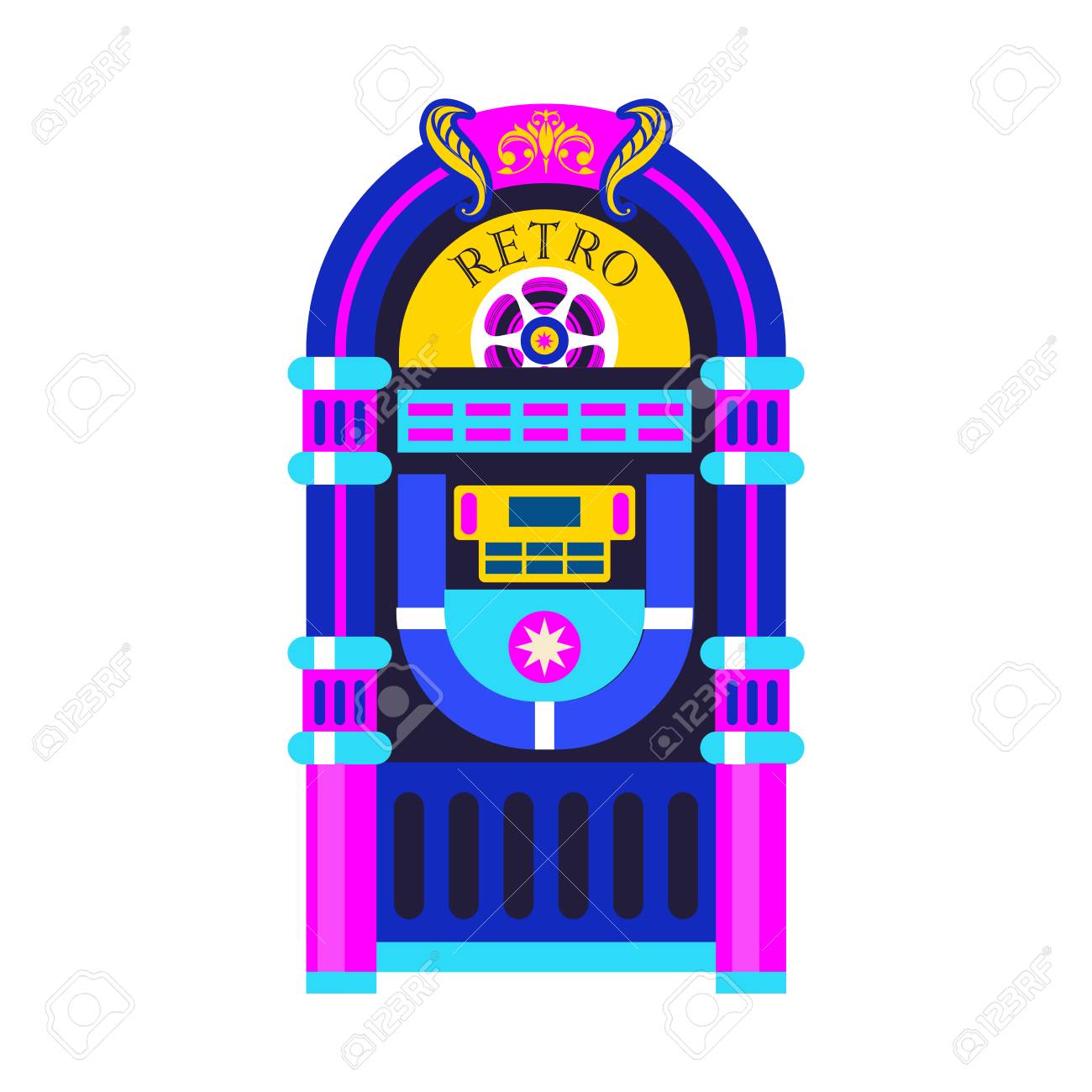 복고풍 음악. 오래된 주크 박스. 벡터 일러스트 레이 션 디자인. 로열티 무료 사진, 그림, 이미지 그리고 스톡포토그래피. Image  99124126