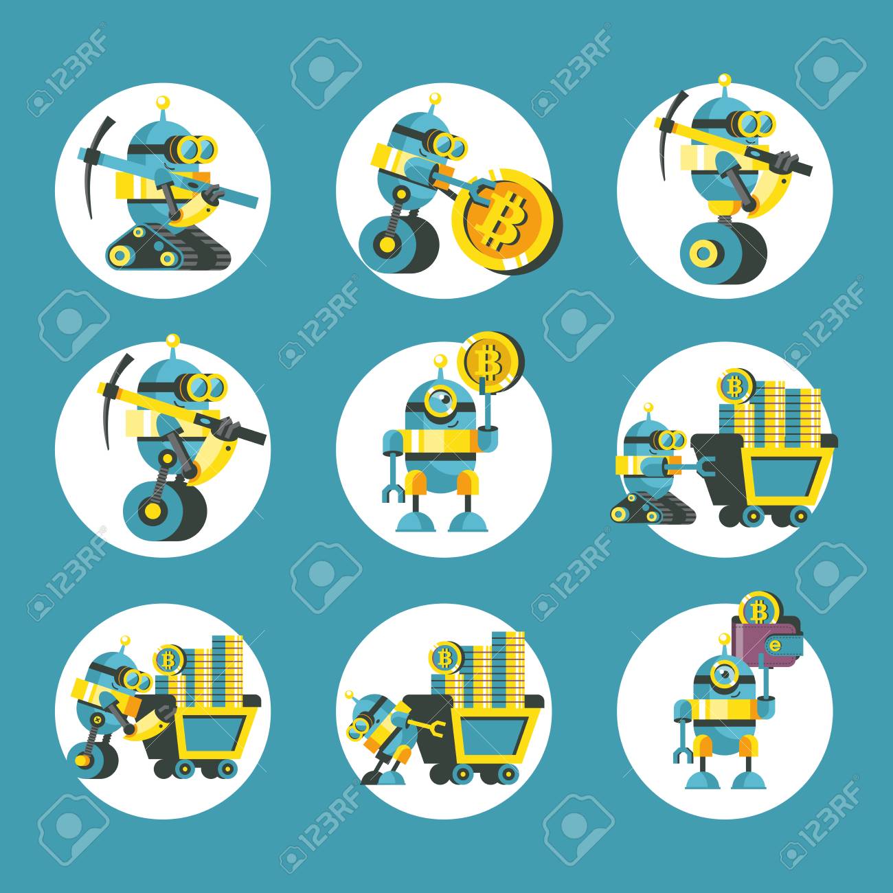 Set Of Vector Icons Bitcoin Cute Robots Mine Bitcoins Bitcoin - 
