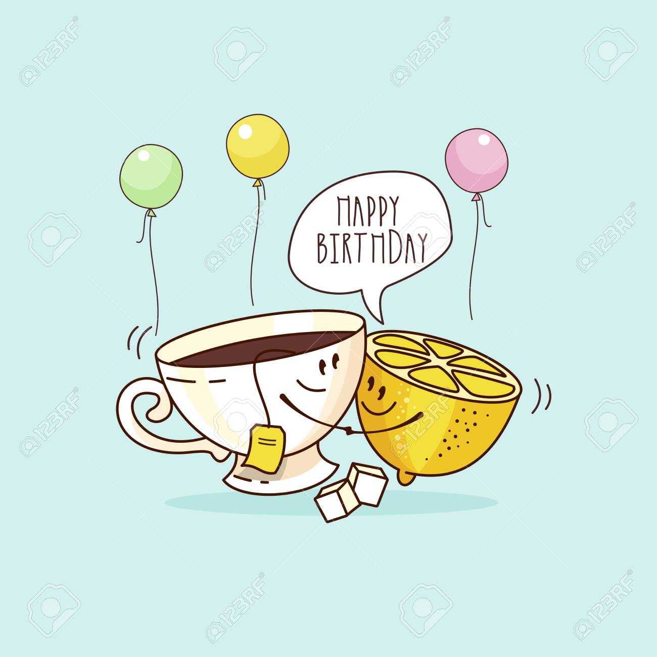 Happy Birthday. Nice Funny Greeting Card. Cup Of Tea And Lemon... Royalty  Free Cliparts, Vectors, And Stock Illustration. Image 124155584.