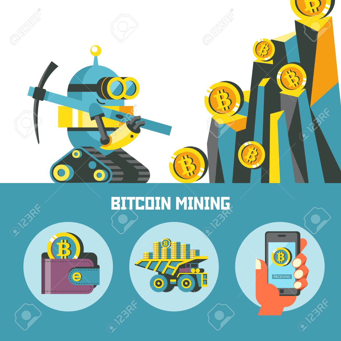 Bitcoin 마이닝 개념 벡터 그림 픽이 있는 귀여운 로봇이 벡터 비트코인 아이콘 세트를 생성합니다. 로열티 무료 사진, 그림,  이미지 그리고 스톡포토그래피. Image 127905013