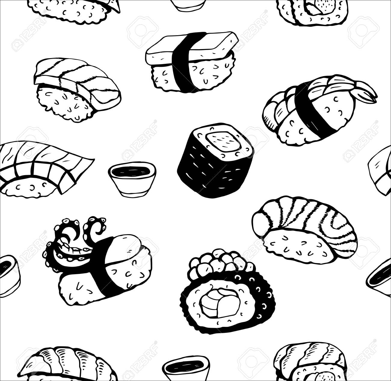 Sushi Food Set Black White Isolated Illustration Royalty Free Cliparts Vectors And Stock Illustration Image 52898613