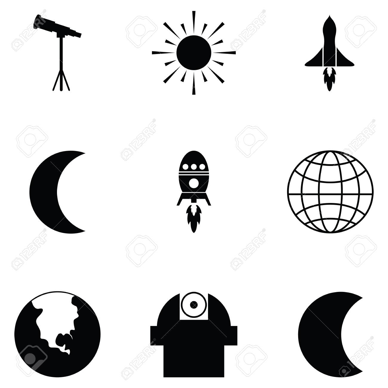 A Colecao Do Grupo Do Icone Do Espaco Inclui A Terra A Lua O Telescopio O Sol E Muito Mais Na Ilustracao Preto E Branco Ilustraciones Vectoriales Clip Art Vectorizado Libre De