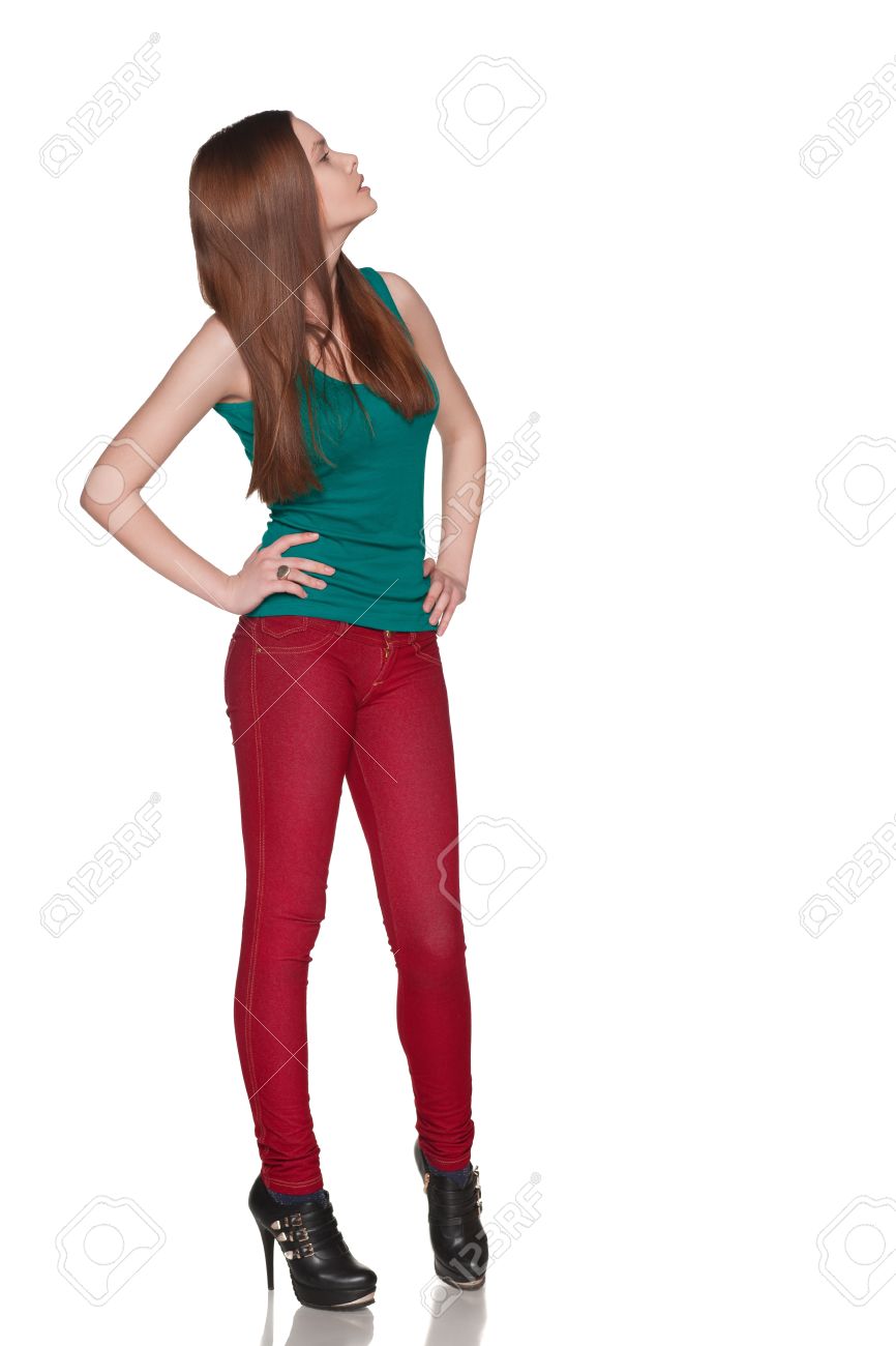 full length of pretty woman look in profile side view while stock