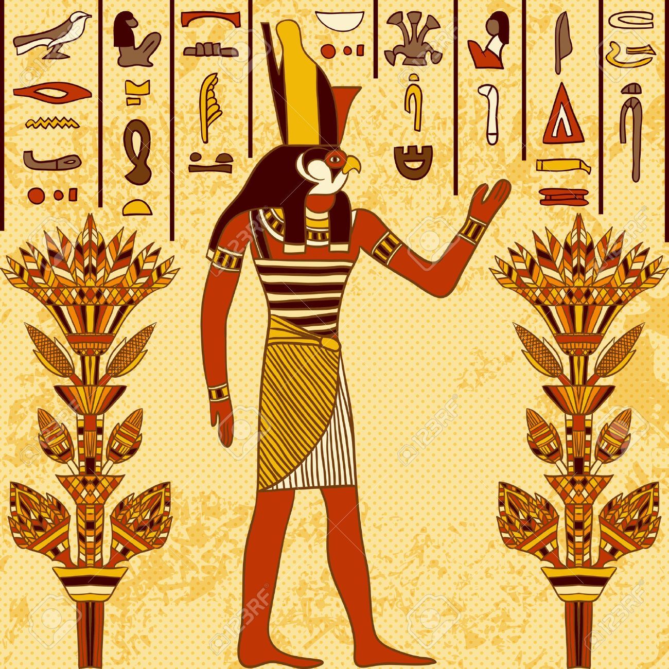 Vintage poster with egyptian god on the grunge background with ancient egyptian hieroglyphs and floral elements. Retro hand drawn vector illustration - 43922032 Vintage poster with egyptian god on the grunge background with ancient egyptian hieroglyphs and floral elements. Retro hand drawn vector illustration - 43922032