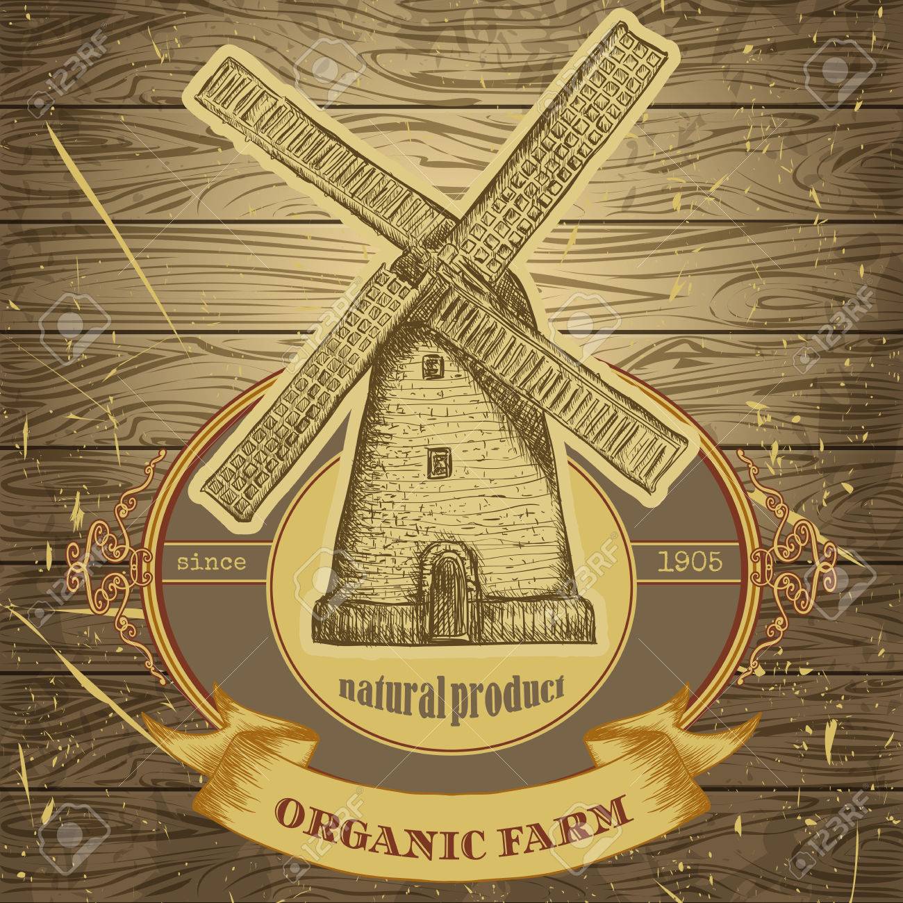 木の板の背景テクスチャにヴィンテージの風車のある有機農場のポスター スケッチ スタイルでレトロな手描きの背景イラスト ラベル のイラスト素材 ベクタ Image 木の板の背景テクスチャにヴィンテージの風車のある有機農場のポスター スケッチ スタイルでレトロな手描きの背景イラスト ラベル のイラスト素材 ベクタ Image