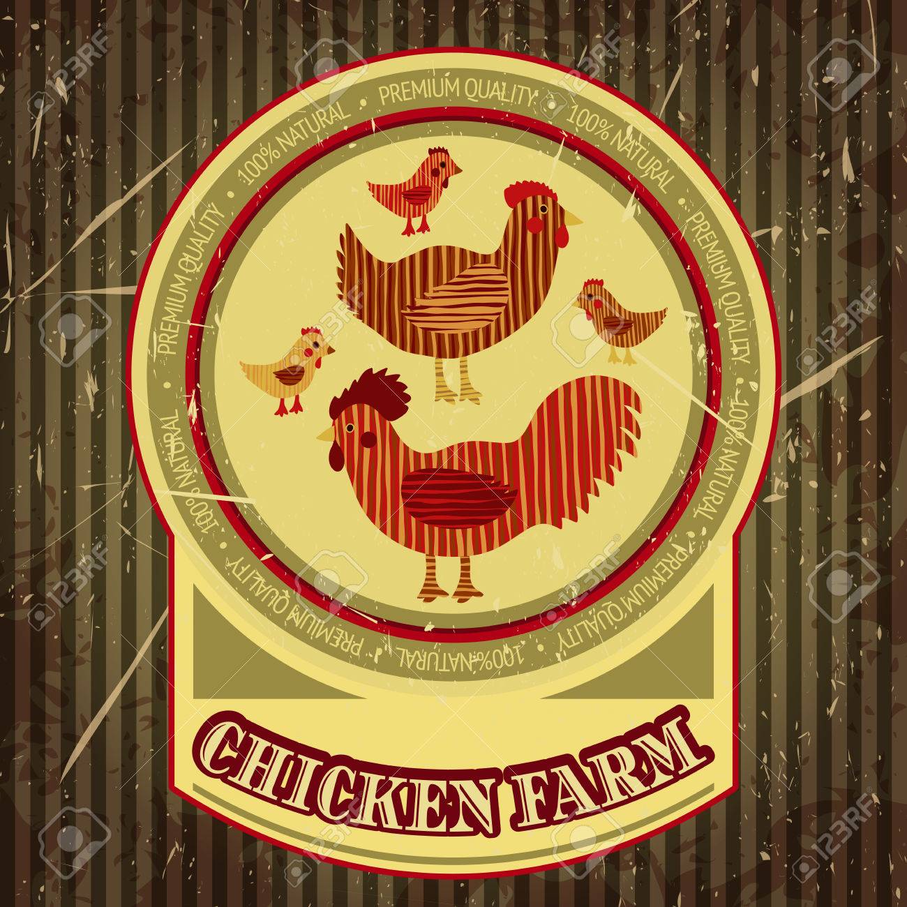 Label Bio De La Ferme Drôle De Bande Dessinée De Poulet De La Famille Coq Poule Avec Des Poulets Poulailler Main Rétro Vecteur Illustration