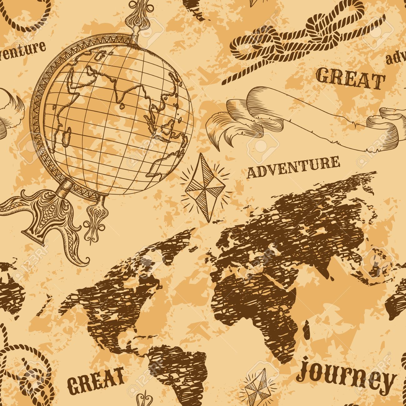 Seamless pattern with vintage globe, abstract world map, rope knots, ribbon. Retro hand drawn vector illustration "Great adventure" in sketch style with grunge background old paper - 46853198 Seamless pattern with vintage globe, abstract world map, rope knots, ribbon. Retro hand drawn vector illustration "Great adventure" in sketch style with grunge background old paper - 46853198