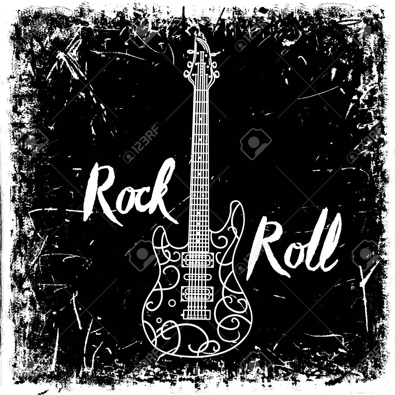 Vintage hand drawn poster with electric guitar and lettering rock and roll on grunge background. Retro vector illustration. Design, retro card, print, t-shirt, postcard - 49797514 Vintage hand drawn poster with electric guitar and lettering rock and roll on grunge background. Retro vector illustration. Design, retro card, print, t-shirt, postcard - 49797514